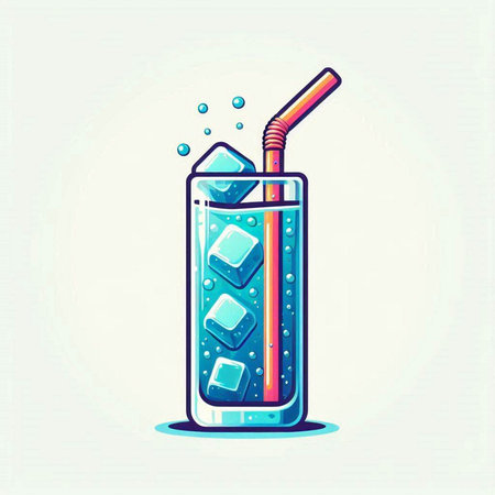 Cocktail with ice cubes and a straw. Vector illustration.のイラスト素材