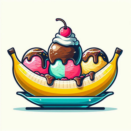 Banana split with ice cream in a bowl. Vector illustration.のイラスト素材