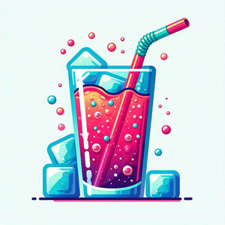 Cocktail with ice cubes and straw. Vector illustration in cartoon style.のイラスト素材