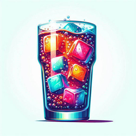 Colorful illustration of a glass of cola with ice cubes.のイラスト素材