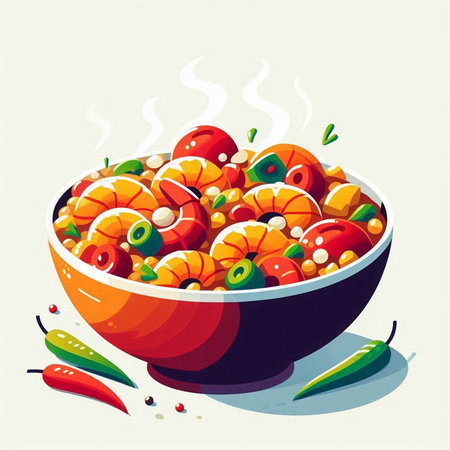 Illustration of a bowl of tomato salad with chili peppers and olivesのイラスト素材