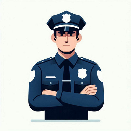 Policeman in uniform with crossed arms. Vector illustration in cartoon style.のイラスト素材