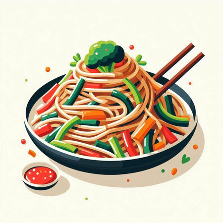 Soba noodles in a bowl with chopsticks, vector illustration.のイラスト素材