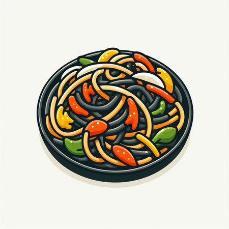 Spaghetti with vegetables in black plate. Hand drawn vector illustration.のイラスト素材