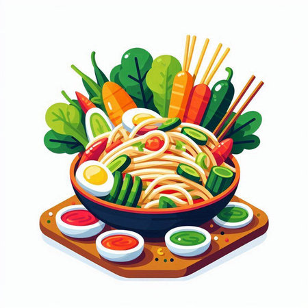 Noodles with vegetables in a bowl isolated on white background. Vector illustration.のイラスト素材