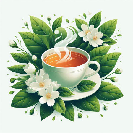 Cup of tea with jasmine flowers and leaves. Vector illustration.のイラスト素材