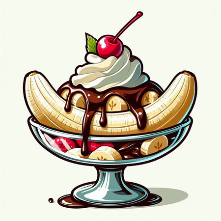 Banana split with ice cream and whipped cream. Vector illustration.のイラスト素材