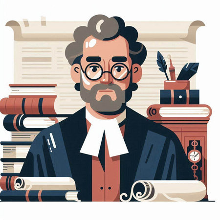 Vector illustration of a man in a business suit and glasses sitting at the table with books.のイラスト素材