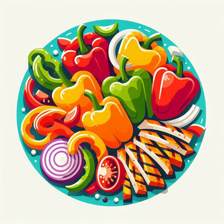 Colorful vector illustration of a round plate with fresh vegetables. Vegetarian food.のイラスト素材