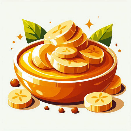 Vector illustration of a bowl of sliced bananas with drops of syrup.のイラスト素材