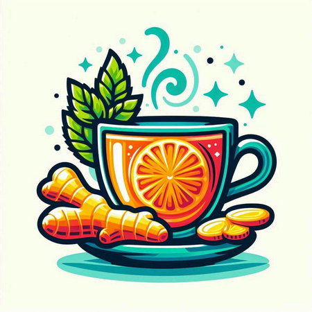 Cup of tea with ginger, lemon and turmeric. Vector illustration.のイラスト素材