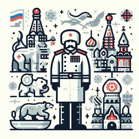 Russian culture. Vector illustration in flat line style. Symbols of Russia.のイラスト素材