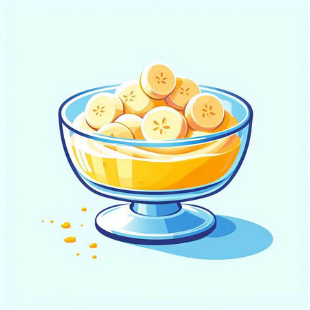 Banana juice in a glass bowl on a blue background. Vector illustration.のイラスト素材