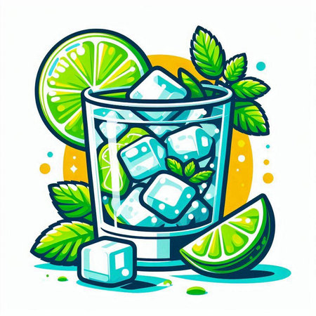 Cocktail with lime, ice cubes and mint. Vector illustration.のイラスト素材