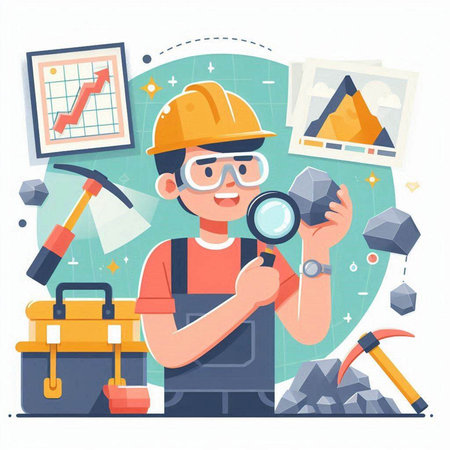 Worker with magnifier and tools. Vector illustration in cartoon styleのイラスト素材
