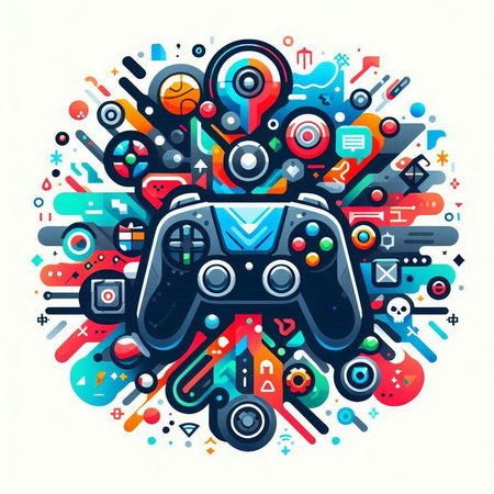 Gamepad hand drawn cartoon doodle illustration. Colorful detailed, with lots of objects background. Funny vector artwork.のイラスト素材