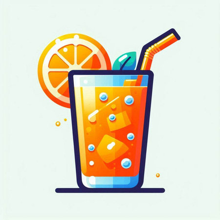 Cocktail with orange, ice and straw. Vector illustration.のイラスト素材
