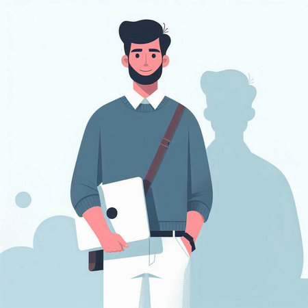 Young man with laptop in hand. Vector illustration in flat style.のイラスト素材