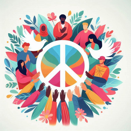 International peace day concept. People with peace symbol. Vector illustration.のイラスト素材