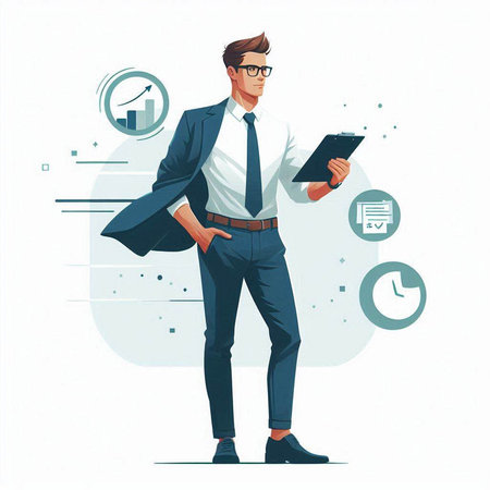 Vector illustration of a man in a suit and glasses with a tablet in his hands.のイラスト素材