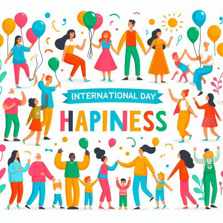 International Happy Women's Day banner with group of happy people holding balloons.のイラスト素材