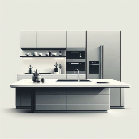 3d render of a modern kitchen with a white countertop.のイラスト素材