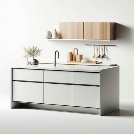 modern kitchen interior with built in sink and shelves, 3d renderのイラスト素材