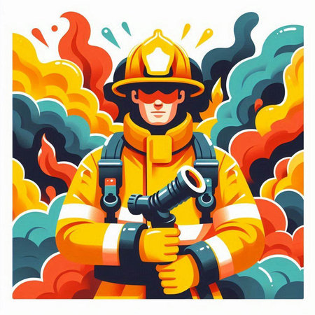 Firefighter in firefighting suit and helmet. Vector illustration in cartoon styleのイラスト素材