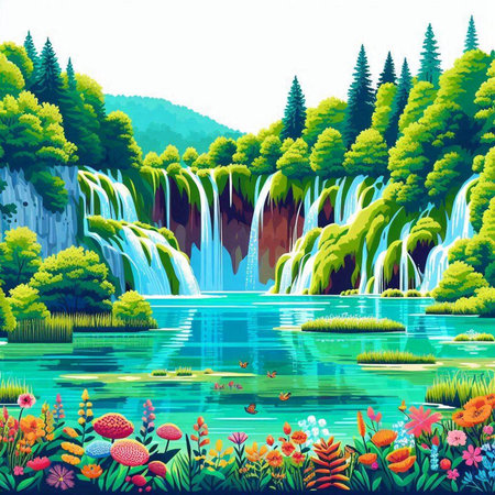 Waterfall in the forest. Beautiful landscape with a waterfall. Vector illustration.のイラスト素材