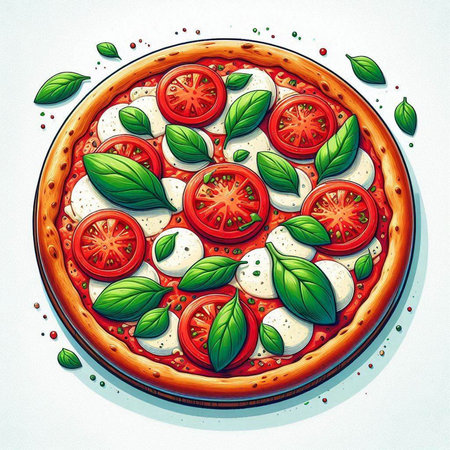 Pizza with mozzarella, tomatoes and basil. Vector illustration.のイラスト素材