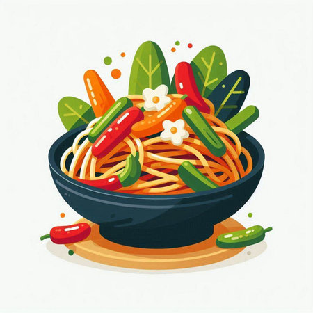 Spaghetti with chilli and vegetables. Vector illustration in cartoon style.のイラスト素材