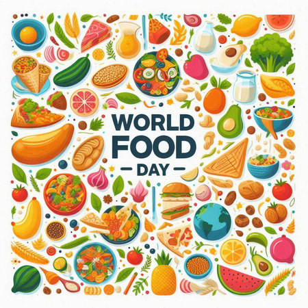 World food day poster with healthy food icons on white background vector illustrationのイラスト素材
