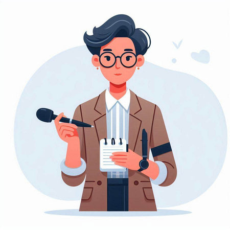 Journalist in a brown jacket with a microphone and a notebook. Vector illustrationのイラスト素材