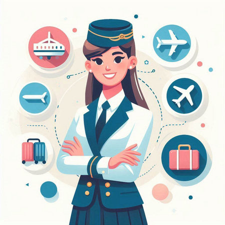 Stewardess in uniform with set of travel icons. Vector illustrationのイラスト素材