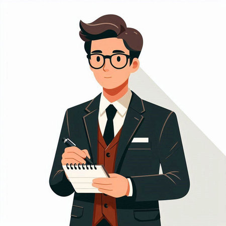 Businessman writing on notepad. Vector illustration in cartoon style.のイラスト素材