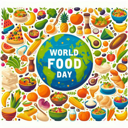 World food day poster with food icons in cartoon style isolated vector illustrationのイラスト素材