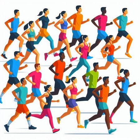 Running people. Group of people jogging. Runners, men and women. Vector illustrationのイラスト素材