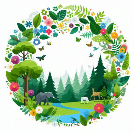 Round nature frame with forest, animals, flowers and butterflies. Vector illustration.のイラスト素材