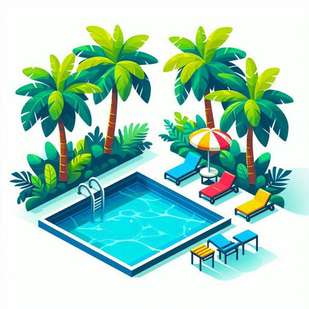 Isometric swimming pool with palm trees and deck chairs. Vector illustration.のイラスト素材