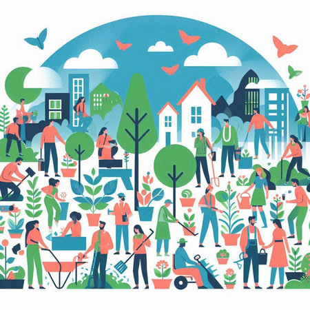 People working in the garden. Vector illustration in flat design style.のイラスト素材