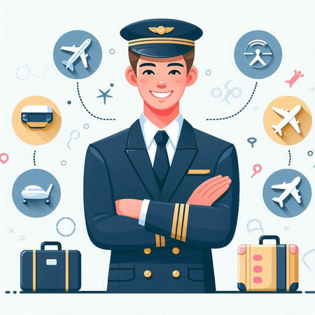 Vector illustration of pilot in uniform with set of travel icons. Cartoon style.のイラスト素材