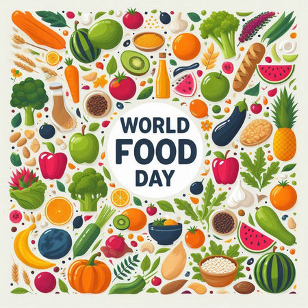 World food day poster with hand drawn fruits and vegetables. Vector illustrationのイラスト素材