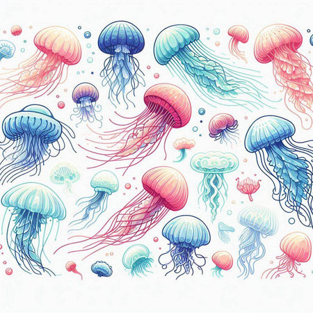 Seamless pattern with jellyfishes. Hand drawn vector illustration.のイラスト素材