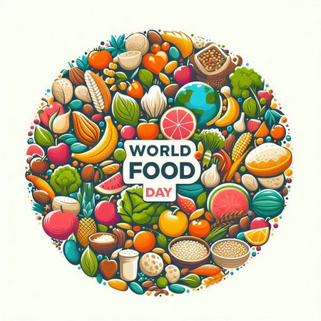 World food day poster with cartoon doodle vegetables and fruits.のイラスト素材