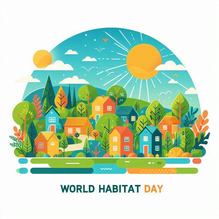 World water day vector illustration. Landscape with houses and trees.のイラスト素材