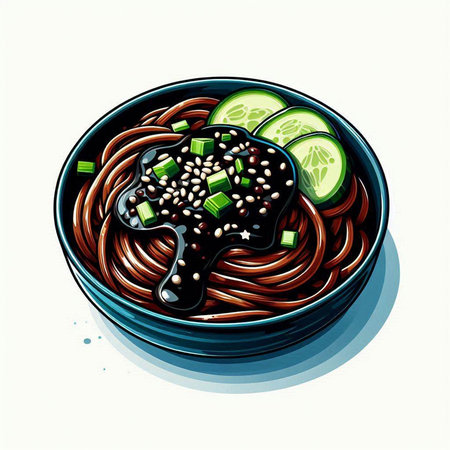 Illustration of a bowl of udon noodles with soy sauce and cucumberのイラスト素材