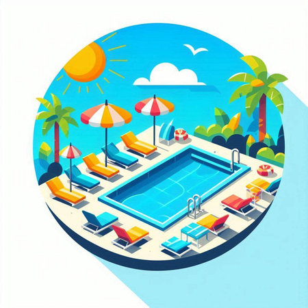 Swimming pool with sun loungers and umbrellas. Flat style vector illustration.のイラスト素材
