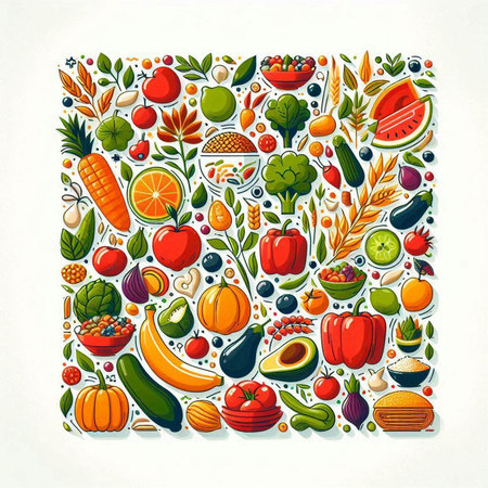 Fruits and vegetables pattern. Healthy food background. Vector illustration.のイラスト素材
