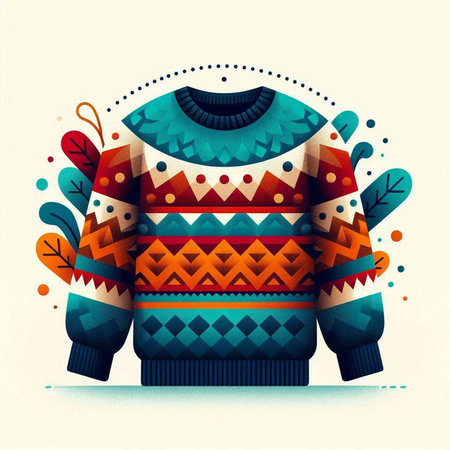 Vector illustration of a winter knitted sweater with a colorful pattern.のイラスト素材