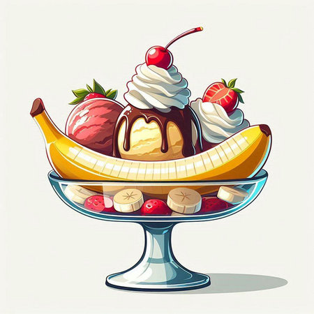 Ice cream with banana, strawberry and whipped cream. Vector illustration.のイラスト素材